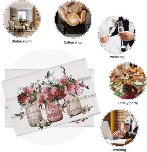 Miniatura 6 de Juego de 4 manteles individuales con diseño de flores y rosas, manteles individuales lavables para decoración del hogar, fiesta, interior, cocina