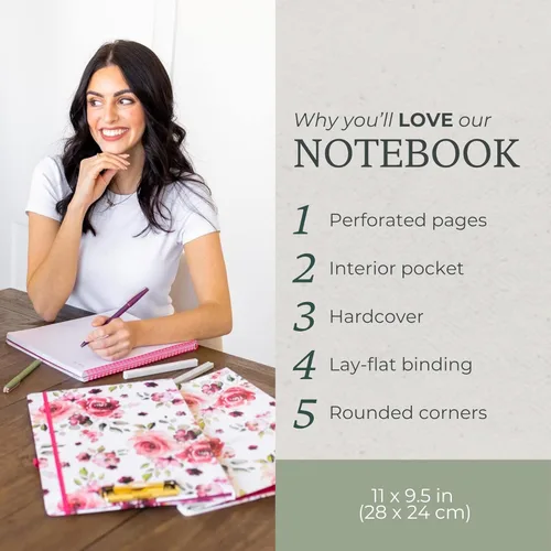 Miniatura 3 de Steel Mill & Co - Cuaderno de espiral grande con rayas universitarias, 11" x 9.5", tapa dura y 160 páginas forradas, diseño floral rosa