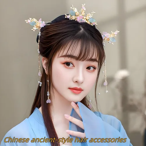 Miniatura 8 de Juego de 5 accesorios para el cabello chino Hanfu, palitos de pelo con borlas florales rosas, peine con aretes, horquillas de pelo vintage