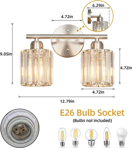 Miniatura 3 de Moderna lámpara de tocador de cristal de 2 luces, lámpara vertical de baño de níquel cepillado sobre espejo para tocador y lavabo, compatible