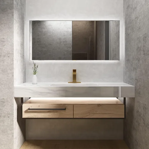 Miniatura 7 de Grifo de baño de cascada de latón con boquilla rectangular extragrande, placa de cubierta, conjunto de drenaje emergente y mangueras de suministro