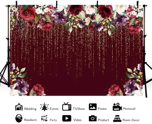 Miniatura 3 de AIBIIN Fondo floral burdeos de 7 x 5 pies con purpurina dorada (sin purpurina real), decoración de fiesta de cumpleaños, flores rojas, decoración