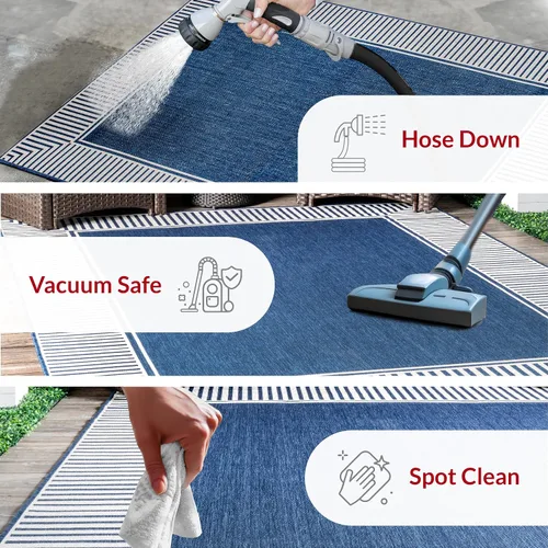 Miniatura 6 de nuLOOM Tapete de área para exteriores, diseño informal con borde a rayas, resistente a las manchas, altamente duradero, para patio, balcón, Azul
