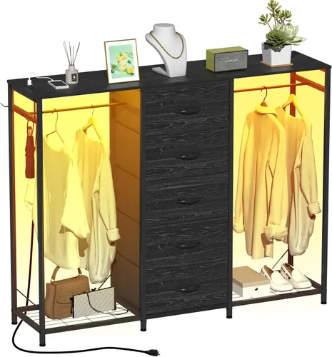 Miniatura 9 de Espelism Cómoda para dormitorio con perchero, cómoda de 5 cajones con estación de carga, luces LED, cómoda blanca, estante flexible y espacio
