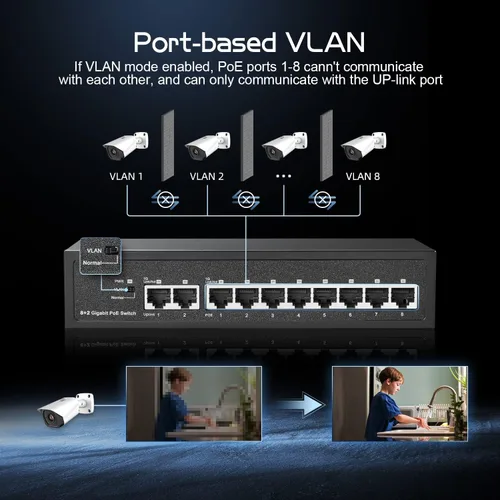 Miniatura 7 de Conmutador POE Gigabit de 10 puertos, 8 POE+ 1000Mbps, 2 Gigabit Uplink, IEEE802.3af/at, fuente de alimentación interna de 120 W, interruptor