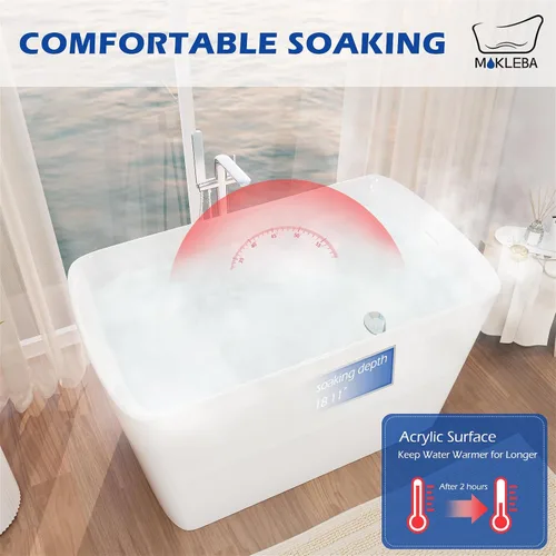 Miniatura 8 de Bañera independiente de acrílico Lucite de 47 pulgadas, bañera de remojo japonesa de forma cuadrada con diseño de asiento, desagüe cromado derecho