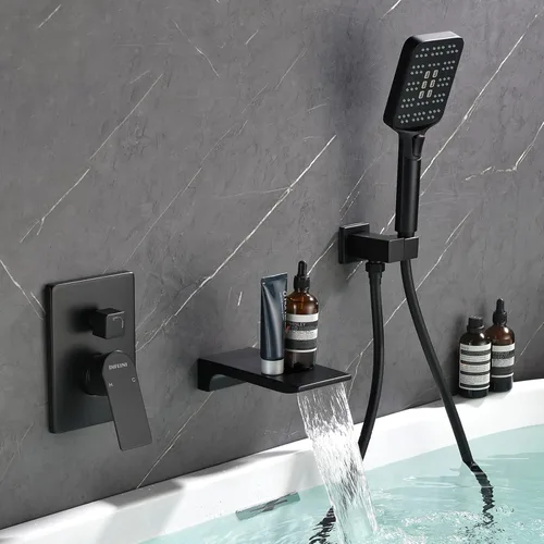 Juego de grifos de bañera en cascada de montaje en pared con rociador, grifo de ducha con kit de ajuste de válvula áspera, color negro mate