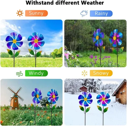 Miniatura 5 de Viveta Paquete de 2 molinos de viento de jardín, molino de viento de metal de flores de 35.4 pulgadas, escultura de viento rosa y azul, molinetes