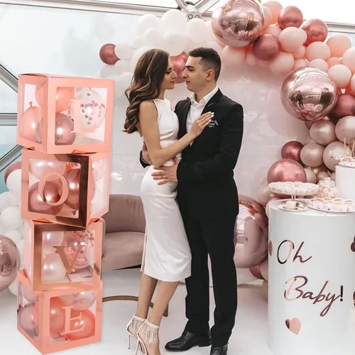 Miniatura 5 de 82 piezas de cajas de bebé de oro rosa con letras para decoraciones de baby shower, bloques de bebé transparentes jumbo para niña, caja de globos
