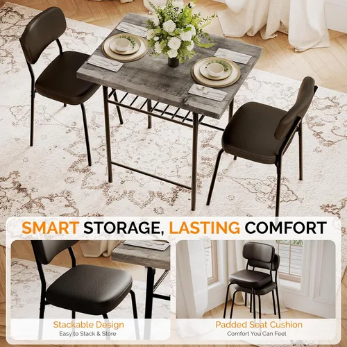 Miniatura 5 de VINGLI Dining Table Set for 2, Small Kitchen Table Set with Upholstered Chairs, 3-Piece Dining Set with Storage Rack, Wood Dining Room Set with