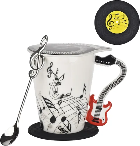 Miniatura 10 de Taza de café de guitarra de 12.9 oz con diseño de notas musicales con tapa temática de música y cuchara y posavasos, regalos para guitarristas