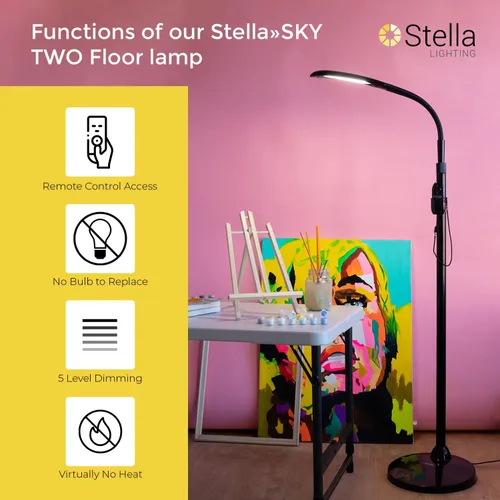 Miniatura 3 de Stella Sky Two - Lámpara de pie LED de alta calidad de 10 W, color negro, ajustable, regulable y de baja visión, luz solar natural, iluminación