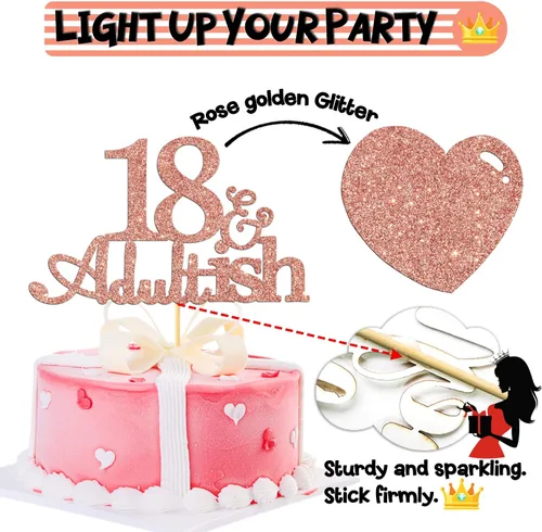 Miniatura 3 de Decoración de pastel de 18 años con purpurina de oro rosa y Adultish para fiesta de cumpleaños de dieciocho años, decoraciones de pastel de tiempo