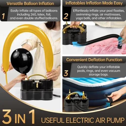 Miniatura 2 de Bezente Balloon Pump Electric, 3-in-1 Portable Black Gold Electric Air Machine Balloon Pump Dual Nozzle Balloon Inflator for Inflatables and Latex