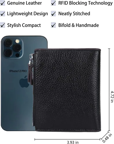 Miniatura 4 de Cartera de cuero con bloqueo RFID para mujer, pequeña, compacta, doble cremallera, con ventana para identificación