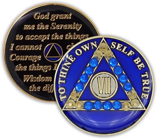 Miniatura 10 de Moneda de sobriedad de 10 años Ficha de aniversario de recuperación de medallón de chip AA cristalizado azul con oración de serenidad