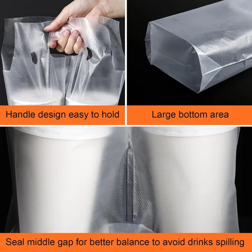 Miniatura 6 de Elyfree 200 unidades de transportador de bebidas para entrega, transportador de plástico transparente con asa para café/té/jugo, bolsas portátiles