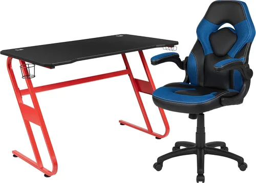 Miniatura 80 de Flash Furniture Juego de escritorio para juegos negro y silla de carreras blanco/negro con soporte para tazas, gancho para auriculares y soporte