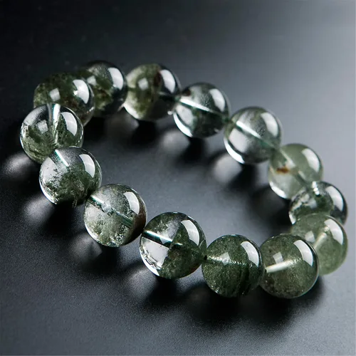 Miniatura 3 de Natural Green Phantom vidrio de cuarzo ronda Bead Stretch Mens pulsera 16mm