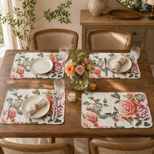 Miniatura 5 de DaDa Bedding - Juego de 4 manteles individuales para mesa de comedor, diseño de rosas románticas, de algodón, acolchado, para jardín, casa de campo