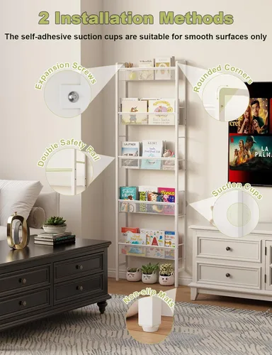 Miniatura 6 de B8 - Estantería para niños montada en la pared, estantería de pared de 5 niveles para niños, organizador de libros infantiles para juguetes y Blanco