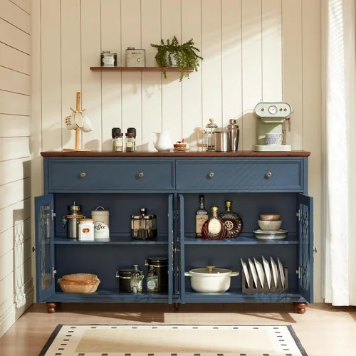 Miniatura 9 de Joaxswe Aparador de estilo rústico con almacenamiento, credenza grande de 59 pulgadas con 4 puertas de vidrio y 2 cajones, estantes ajustables, mesa