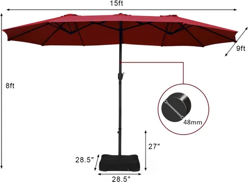 Miniatura 5 de Tangkula Paraguas de doble cara para patio de 15 pies con base, sombrilla de mercado extragrande para exteriores con manivela, base de sombrilla Vino