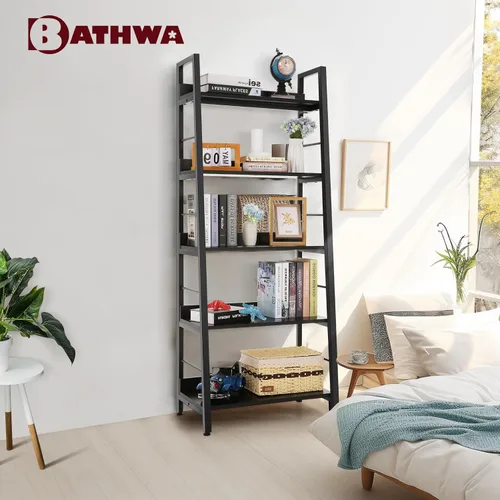 Miniatura 8 de BATHWA Estantería para libros de 5 niveles, estantería industrial de madera abierta y metal, estante de escalera de madera de 59 pulgadas de alto