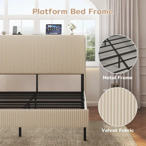 Miniatura 6 de Zevemomo Base de cama de terciopelo de tamaño matrimonial con cabecera tapizada, cabecera de almacenamiento de terciopelo copetudo, marcos de cama
