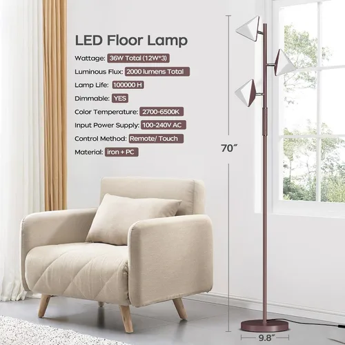 Miniatura 6 de Lámpara de pie LED de árbol, lámpara de pie alta regulable de 36 W con control remoto y táctil, 2700K-6500K 4 temperaturas de color, 3 luces LED