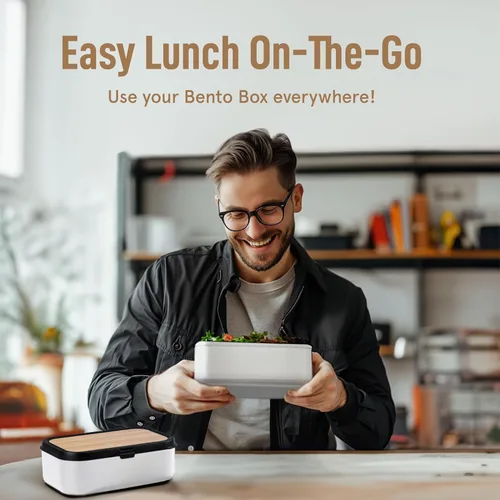 Miniatura 8 de KARRICO Caja Bento Doble Premium para Adultos, 67 onzas líquidas sin BPA - Lonchera Apilable Color Crema con Tapas y Divisores a Prueba de Fugas