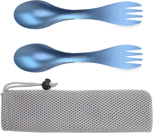 Miniatura 7 de OUTXE Juego de 2 tenedores y cucharas de titanio 2 en 1, juego de 2 utensilios de campamento ultraligeros, tenedor ecológico para mochileros
