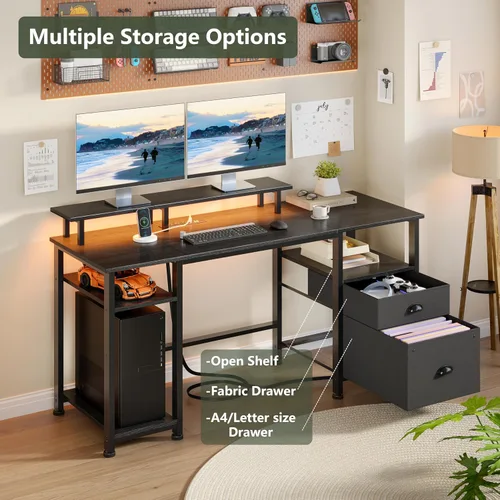 Miniatura 8 de Furologee Escritorio para juegos de 51 pulgadas con tomas de corriente y luces LED, escritorio reversible para computadora con archivador y soporte