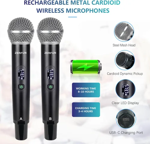 Miniatura 4 de Sistema de micrófono inalámbrico recargable de 4 canales Pro y Pre Effector, micrófonos inalámbricos de mano de metal UHF con corte vocal