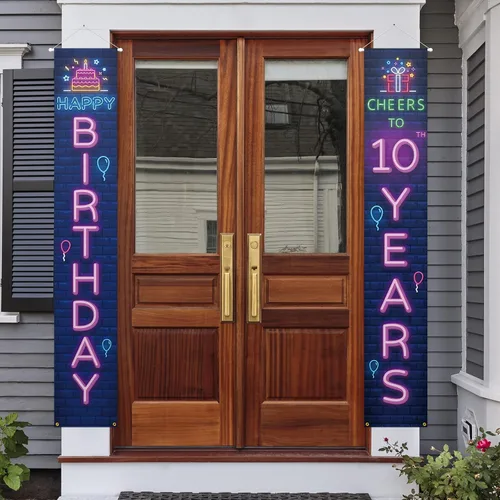 Neno Glow - Cartel de feliz cumpleaños número 10 para puerta, decoración colorida – Saludos a 10 años de edad, decoración temática de fiesta de