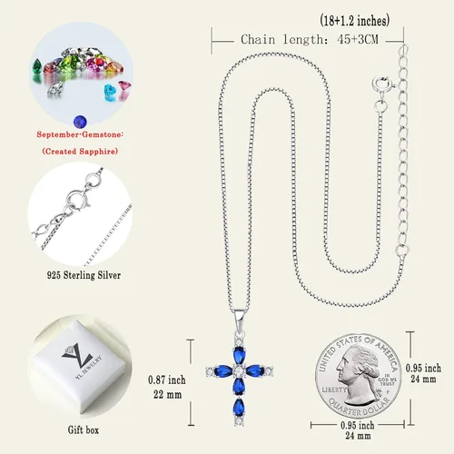 Miniatura 107 de YL Collar de cruz de plata de ley 925 con colgante de piedra natal religiosa para mujer