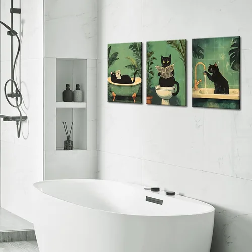 Miniatura 7 de 3 piezas de divertidos carteles de gato negro en lienzo para pared de baño Arte de pared vintage Gato se lava las patas leyendo el periódico