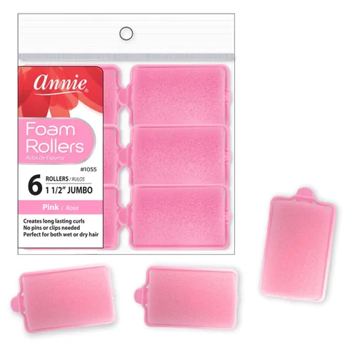 Rulos de Espuma Annie Jumbo, 6 unidades de rizos y ondas sin calor con esponja suave rosa, sin necesidad de pines o clips, para cabello húmedo o