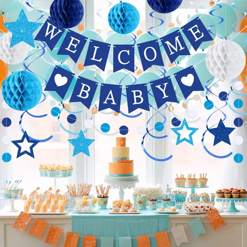 Miniatura 5 de WinnerWhy 25 piezas de decoración de baby shower para niño, pancarta azul de bienvenida para bebé con estrellas con purpurina, remolinos colgantes