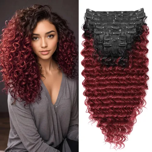 Miniatura 11 de Extensión de cabello humano con clip de onda profunda de 24 pulgadas, postizo de doble trama, sintético para mujeres, extensiones de cabello grueso
