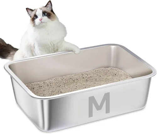 Miniatura 5 de Caja de arena de acero inoxidable, paquete de 2 cajas de arena de metal para gatos, caja de arena XL de acero inoxidable para gatos de 17.7 x 13.8 x