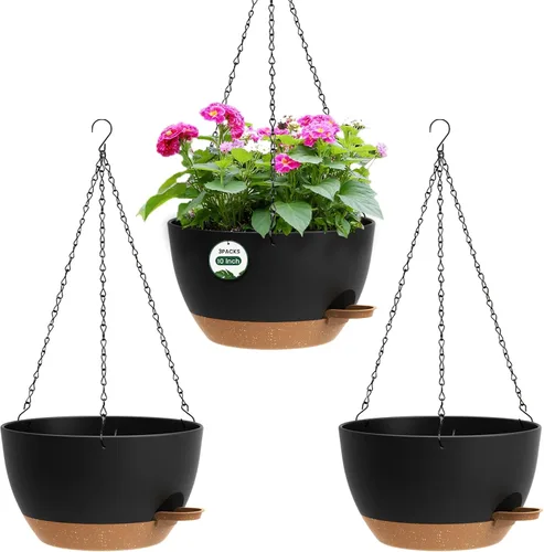Paquete de 3 10 macetas colgantes con cadenas, macetas de plástico de riego automático para plantas de interior y exterior, diseño de cadena de