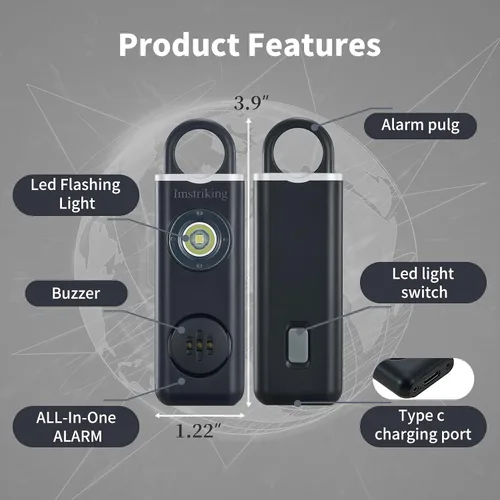 Miniatura 2 de Llavero de alarma de seguridad personal recargable para mujeres, llavero de autodefensa con luz estroboscópica y sirena de 130 dB que ayuda a