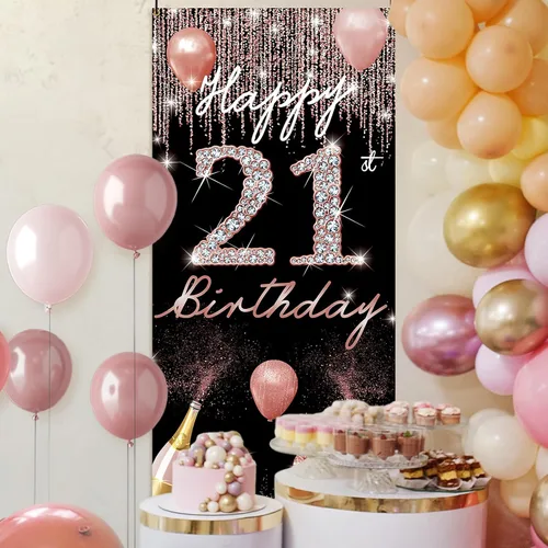 Miniatura 4 de Decoración de cumpleaños número 21 – Cartel de puerta de oro rosa, letrero de patio de fiesta y accesorios para cabina de fotos, tela, resistente