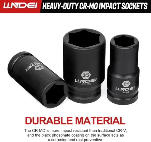 Miniatura 4 de LLNDEI juego de llaves de impacto de 1.9 cm (3/4"), 12 piezas de alta resistencia CR-MO, diseño de 6 puntas, profundo/jumbo, SAE 3/4" a 1-9/16