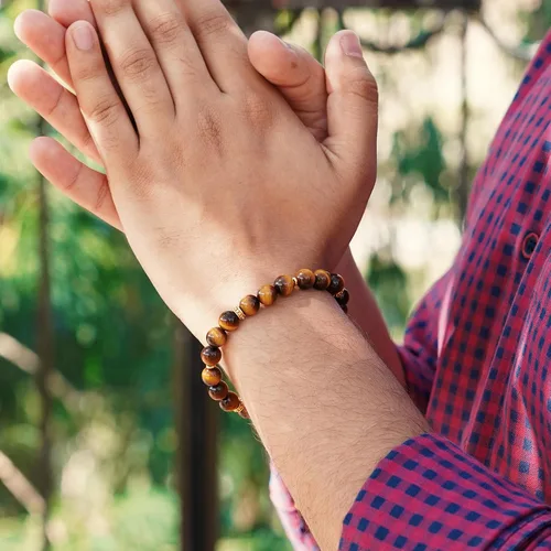 Miniatura 2 de RTZN Pulsera de ojo de tigre para hombre Pulseras artesanales de primera calidad hechas a mano 100% auténticas con cuentas de ojo de tigre dorado