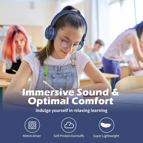 Miniatura 2 de AILIHEN Auriculares para niños, audífonos I35 sobre la oreja para la escuela, volumen seguro de 93dB, micrófono HD estéreo para niños y niñas, Azul