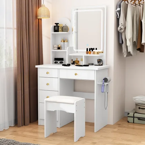 Miniatura 10 de ECACAD Moderno escritorio de maquillaje con espejo iluminado, tocador con 9 cajones, estantes ocultos y espejo plegable, 3 modos de iluminación