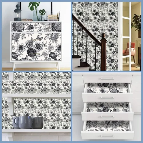 Miniatura 5 de Arthome - Papel tapiz autoadhesivo de 17 x 240 pulgadas, papel de contacto floral con rosa negra, papel de pared de vinilo vintage, película