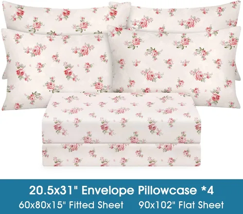 Miniatura 3 de BYSURE - Juego de sábanas para cama de tamaño Queen, 6 piezas (rosa floral), sábanas con patrón botánico de estilo cabaña, ropa de cama de Flor